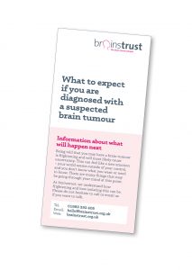 Image of our leaflet what to expect if you are diagnosed with a suspected brain tumour. brain tumour diagnosis and symptoms.