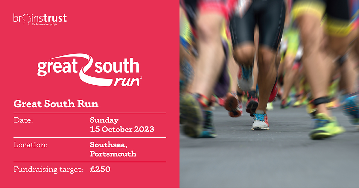 Great South Run 2023 key information graphic. Text on left: Great South Run. Date: Sunday 15 October 2023. Location: Southsea, Portsmouth. Fundraising target: £250 Image on right: Lots of runners feet